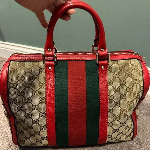 Gucci Boston bag brown monogram with red leather - Picture 6 of 16